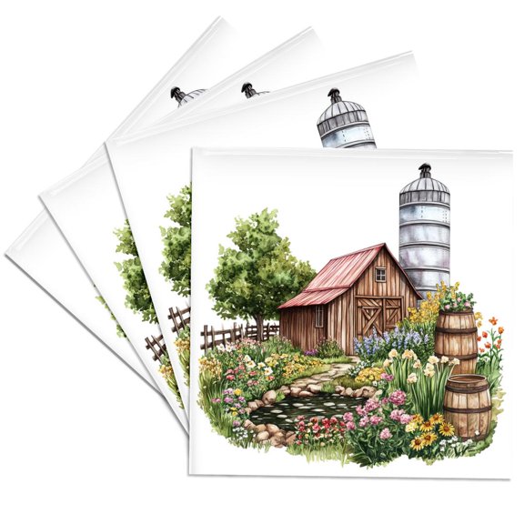 3drose, Country Barn Scene, Set of 4 Ceramic Tile Coasters