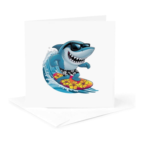 3drose, Courageous Shark Wave Surfer. Funny, Cool Summer Art Gift for Anyone, 1 Greeting Card with Envelope