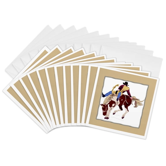 3drose, Cowboy on Bucking Bronco with Rope Frame, 12 Greeting Cards with Envelopes