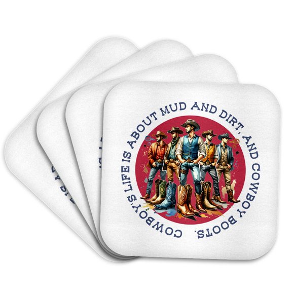 3drose, Cowboys Life Is About Mud and Dirt, and Cowboy Boots, Funny Man Gift, Set of 4 Coasters - Cork
