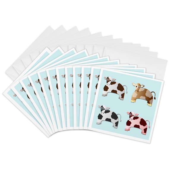 3drose, Cows. Blue Background. Cute., 12 Greeting Cards with Envelopes