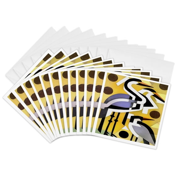 3drose, Cranes in Geometric Abstract Art Style on Yellow, 12 Greeting Cards with Envelopes