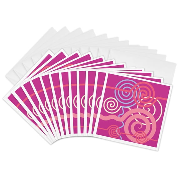 3drose, Crazy Circles Abstract Design in Pink and Blue, 12 Greeting Cards with Envelopes