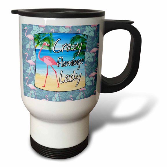 3drose, Crazy Flamingo Lady with Pink Flamingo on a Beach., 14oz Stainless Steel Travel Mug
