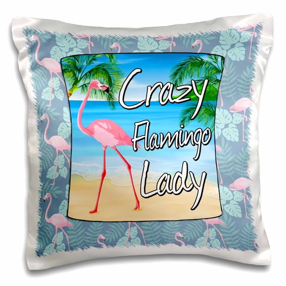 3drose, Crazy Flamingo Lady with Pink Flamingo on a Beach., 16x16 inch Pillow Case