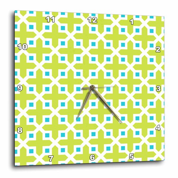 3drose, Cross Pattern Lime Green and Turquoise, 10x10 Wall Clock