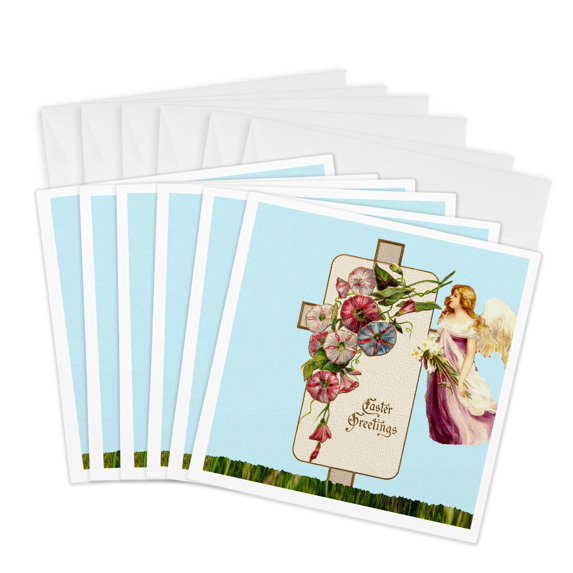 3drose, Cross and Angel Easter Greetings, 6 Greeting Cards with Envelopes