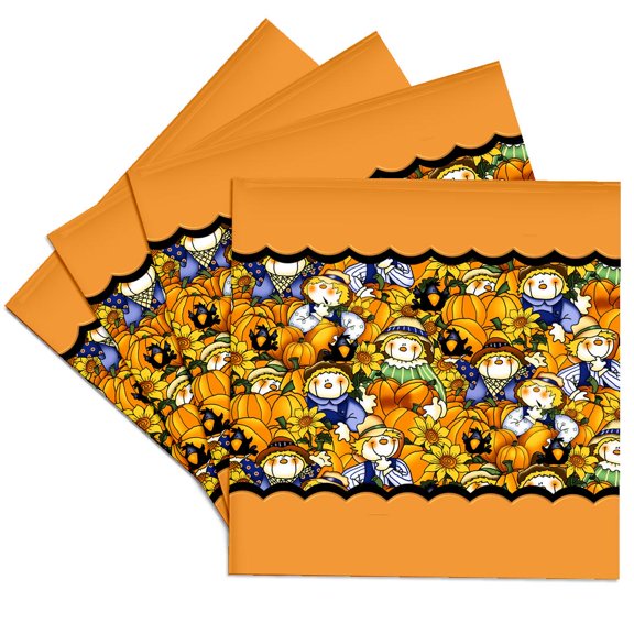 3drose, Crowd of Scarecrows with Black Crows, Sunflowers, and Orange Pumpkins, Set of 4 Ceramic Tile Coasters