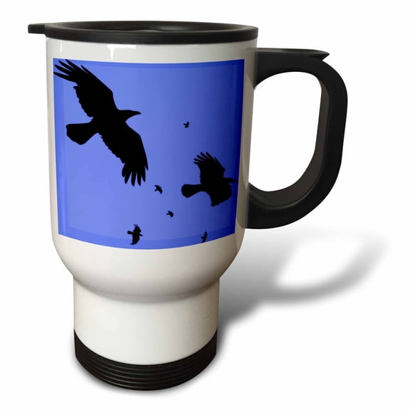 3drose, Crows or Ravens in Flight Minimalist Silhouette, 14oz Stainless Steel Travel Mug