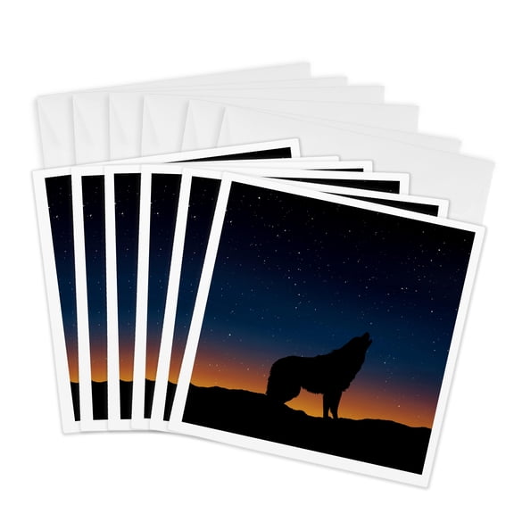 3drose, Crying Wolf at Night with Sundown- Fantasy Wolves Animal Photography, 6 Greeting Cards with Envelopes