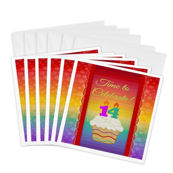 3drose, Cupcake, Number Candles, Time, Celebrate 14 Years Old Invitation, 6 Greeting Cards with Envelopes