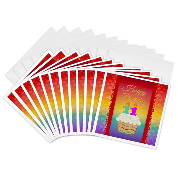 3drose, Cupcake with Number Candles,11 Years Old Birthday, 12 Greeting Cards with Envelopes