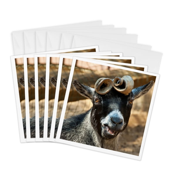 3drose, Curly Horned Goat, Smiling at Me, 6 Greeting Cards with Envelopes