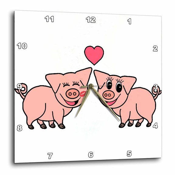 3drose, Cute Adorable Loving Pink Pig Couple Cartoon, 15x15 Wall Clock