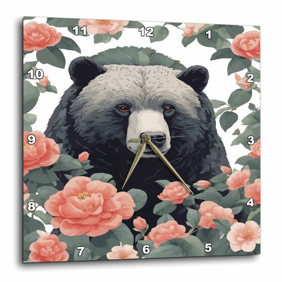3drose, Cute Alabama Black Bear Surrounded by Camellia, 13x13 Wall Clock