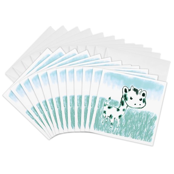 3drose, Cute Aqua Giraffe Cartoon Art Animals Jungle Theme, 12 Greeting Cards with Envelopes