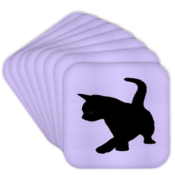 3drose, Cute Baby Black Cat Silhouette Tail Held High, Set of 8 Coasters - Cork