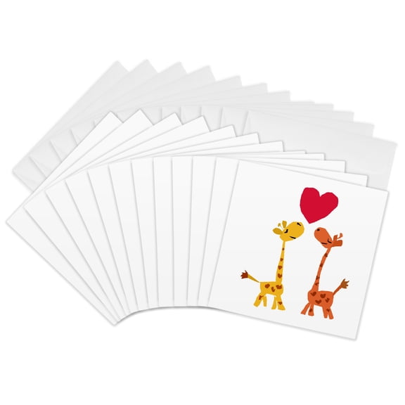 3drose, Cute Baby Giraffes with Heart Above Love Cartoon, 12 Greeting Cards with Envelopes
