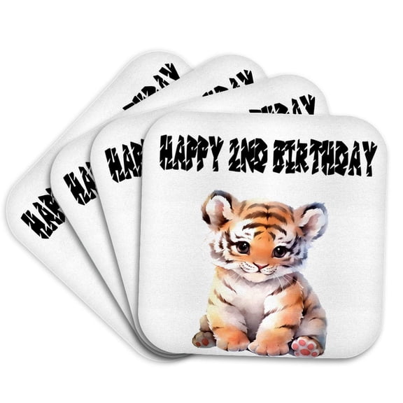 3drose, Cute Baby Tiger Happy 2nd Birthday, Set of 4 Coasters - Soft