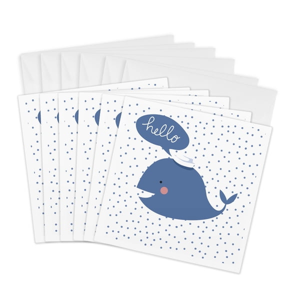 3drose, Cute Baby Wild Animal Blue Whale Fish Typography on Polkadots- Hello, 6 Greeting Cards with Envelopes