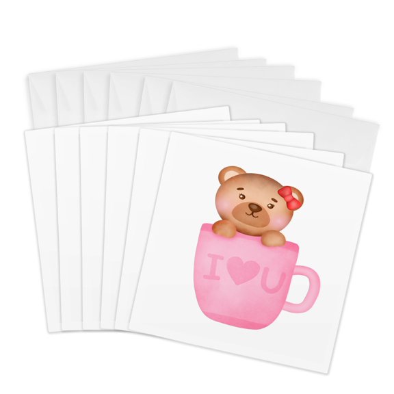 3drose, Cute Bear Sitting in a Pink I Love You Mug Illustration, 6 Greeting Cards with Envelopes
