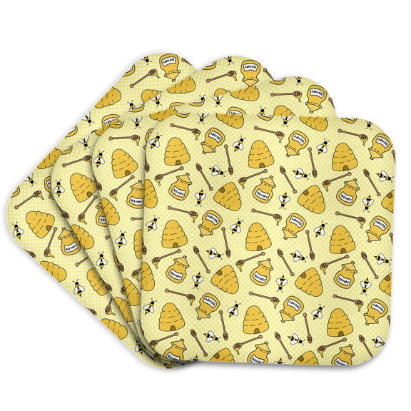 3drose, Cute Bees, Bee Hives, and Honey Pots Pattern, Set of 4 Coasters - Soft