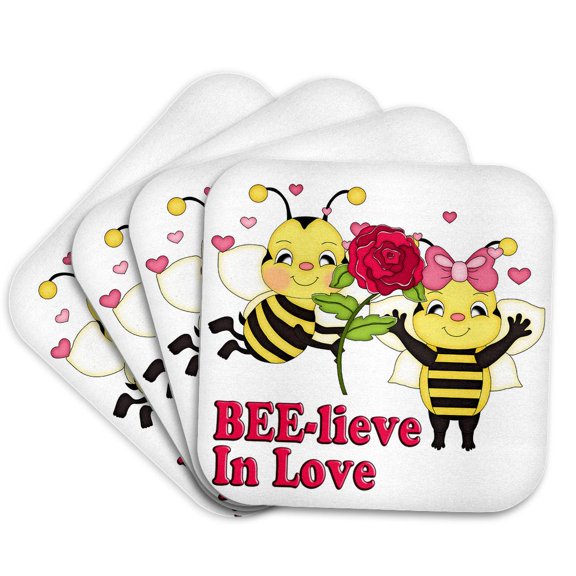 3drose, Cute Believe in Love Bumble Bees Valentine, Set of 4 Coasters - Soft