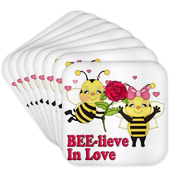 3drose, Cute Believe in Love Bumble Bees Valentine, Set of 8 Coasters - Soft