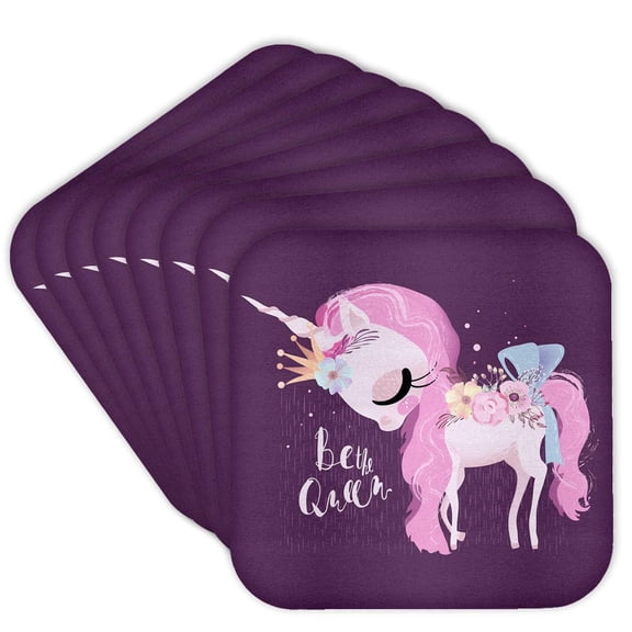 3drose, Cute Black Flower Unicorn Illustration and Typography - Be the Queen, Set of 8 Coasters - Cork