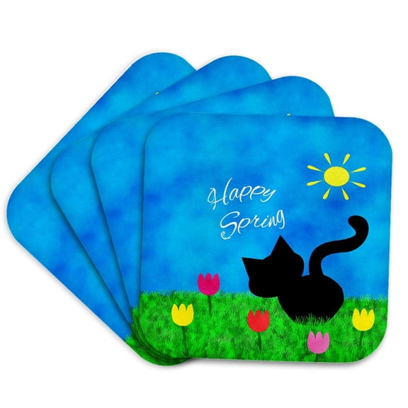 3drose, Cute Black Kitty Cat Colorful Tulips Happy Spring, Set of 4 Coasters - Soft