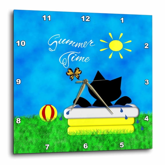 3drose, Cute Black Kitty Cat Summer Time Pool Fun, 10x10 Wall Clock