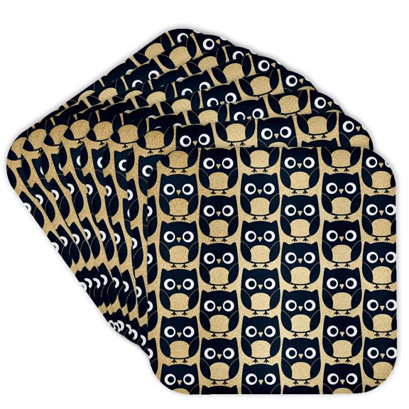 3drose, Cute Black and Image of Gold Owl Pattern, Set of 8 Coasters - Cork