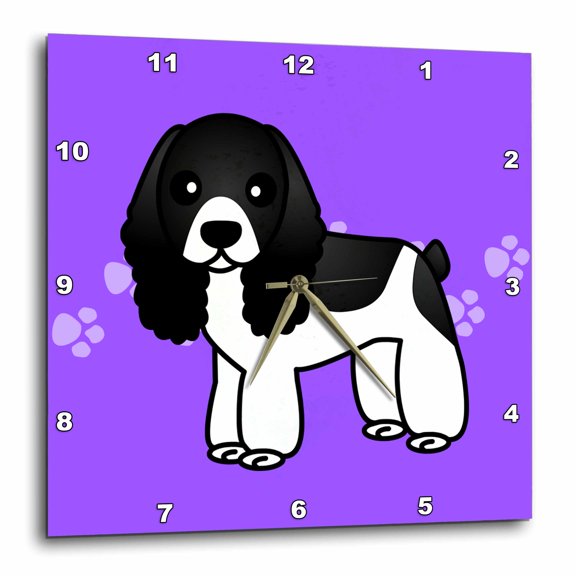 3drose, Cute Black and White Cocker Spaniel Purple with Pawprints, 15x15 Wall Clock