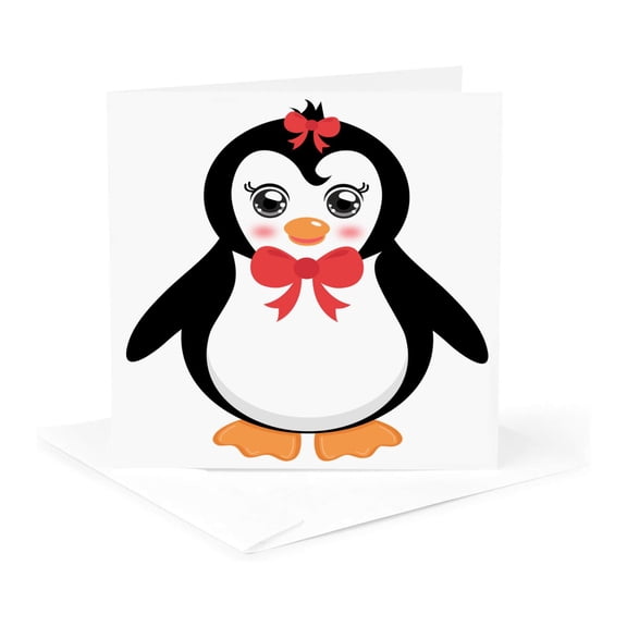 3drose, Cute Black and White Girl Penguin with Red Ribbon, 1 Greeting Card with Envelope
