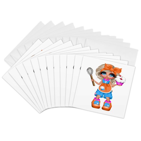 3drose, Cute Blonde Baking Girl Illustration with Cupcake, 12 Greeting Cards with Envelopes