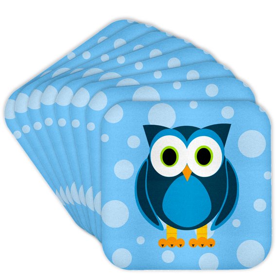 3drose, Cute Blue Owl on Light Blue Background, Set of 8 Coasters - Cork