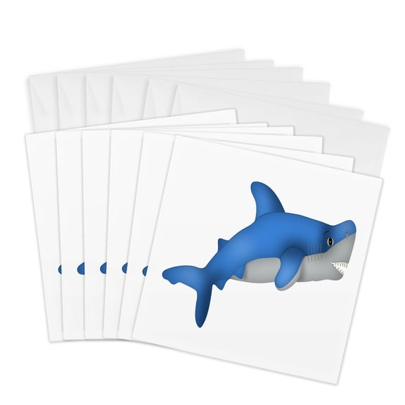 3drose, Cute Blue and Gray Shark Illustration, 6 Greeting Cards with Envelopes