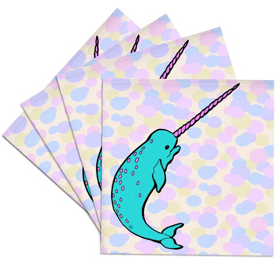 3drose, Cute Blue and Purple Narwhal Animal Design Color Dots Background, Set of 4 Ceramic Tile Coasters