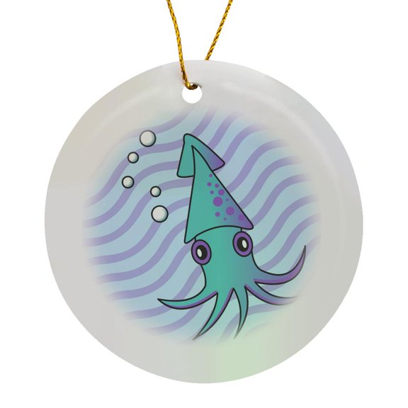 3drose, Cute Blue and Purple Squid, Circle Porcelain Ornament