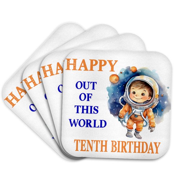 3drose, Cute Boy Astronaut Happy Out of This World 10th Birthday, Set of 4 Coasters - Soft