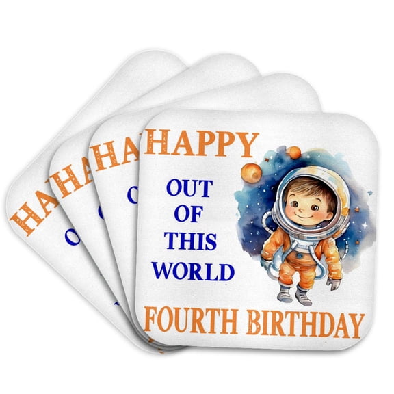 3drose, Cute Boy Astronaut Happy Out of This World 4th Birthday, Set of 4 Coasters - Soft
