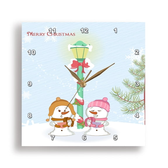 3drose, Cute Boy and Girl Snowmen Singing Christmas Carols by a Decorated Light Post Snow Scene, 10x10 Wall Clock