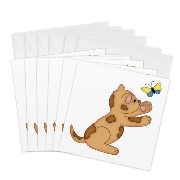 3drose, Cute Brown Cat Chasing a Butterfly Illustration, 6 Greeting Cards with Envelopes
