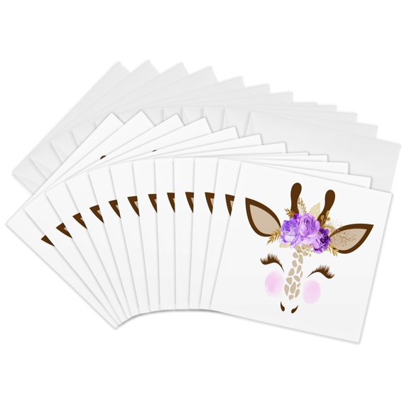 3drose, Cute Brown Giraffe Face with Purple Flowers Illustration, 12 Greeting Cards with Envelopes