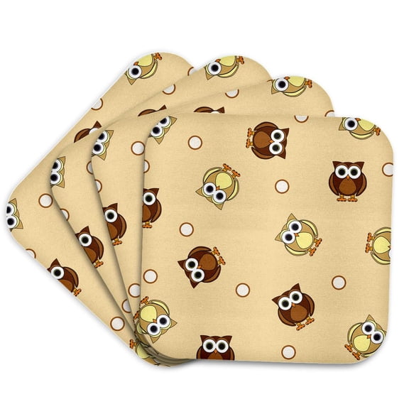 3drose, Cute Brown Owl and Dot Print Taupe, Set of 4 Coasters - Cork
