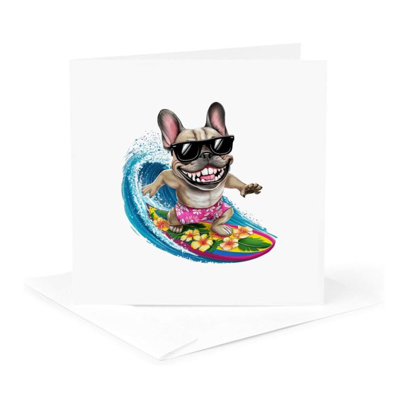 3drose, Cute Bulldog Dog Wave Surfer. Funny, Awesome Summer Gift for Anyone, 1 Greeting Card with Envelope