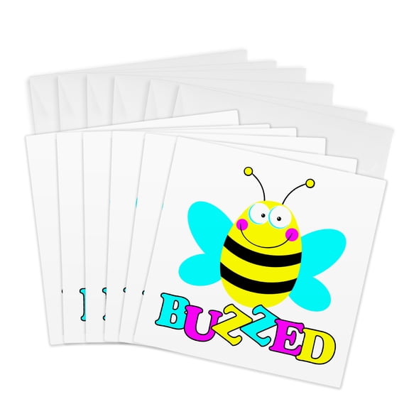 3drose, Cute Buzzed Cartoon Bumble Bee Cartoon, 6 Greeting Cards with Envelopes