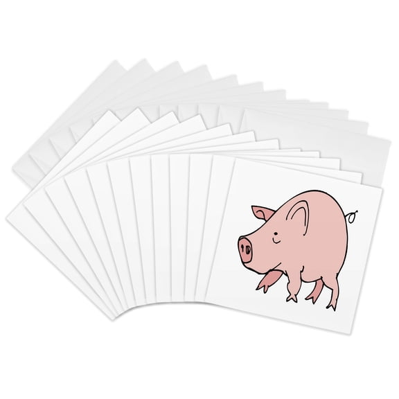3drose, Cute Cartoon Pink Pig, 12 Greeting Cards with Envelopes