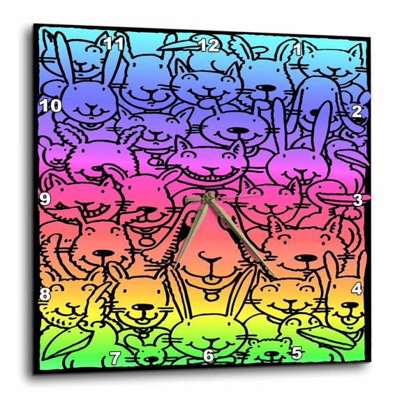3drose, Cute Cartoon Rainbow Gradient Colored Pets Animals Cartoon Dogs Cats Rabbits and Birds, 13x13 Wall Clock