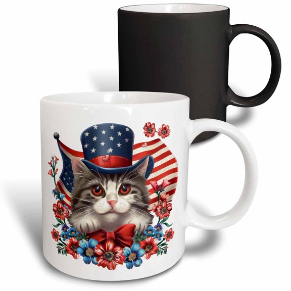 3drose, Cute Cat in a Hat, the Usa Flag, Flowers. Memorial Day Gift for All, 11oz Magic Transforming Mug